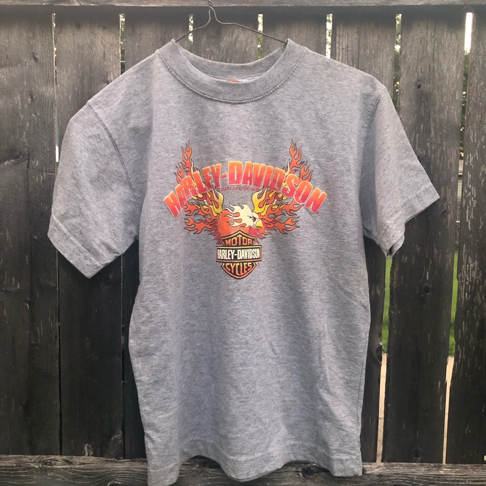 Harley-Davidson Kids Gray Tee with Orange & Yellow Flame eagle Graphic